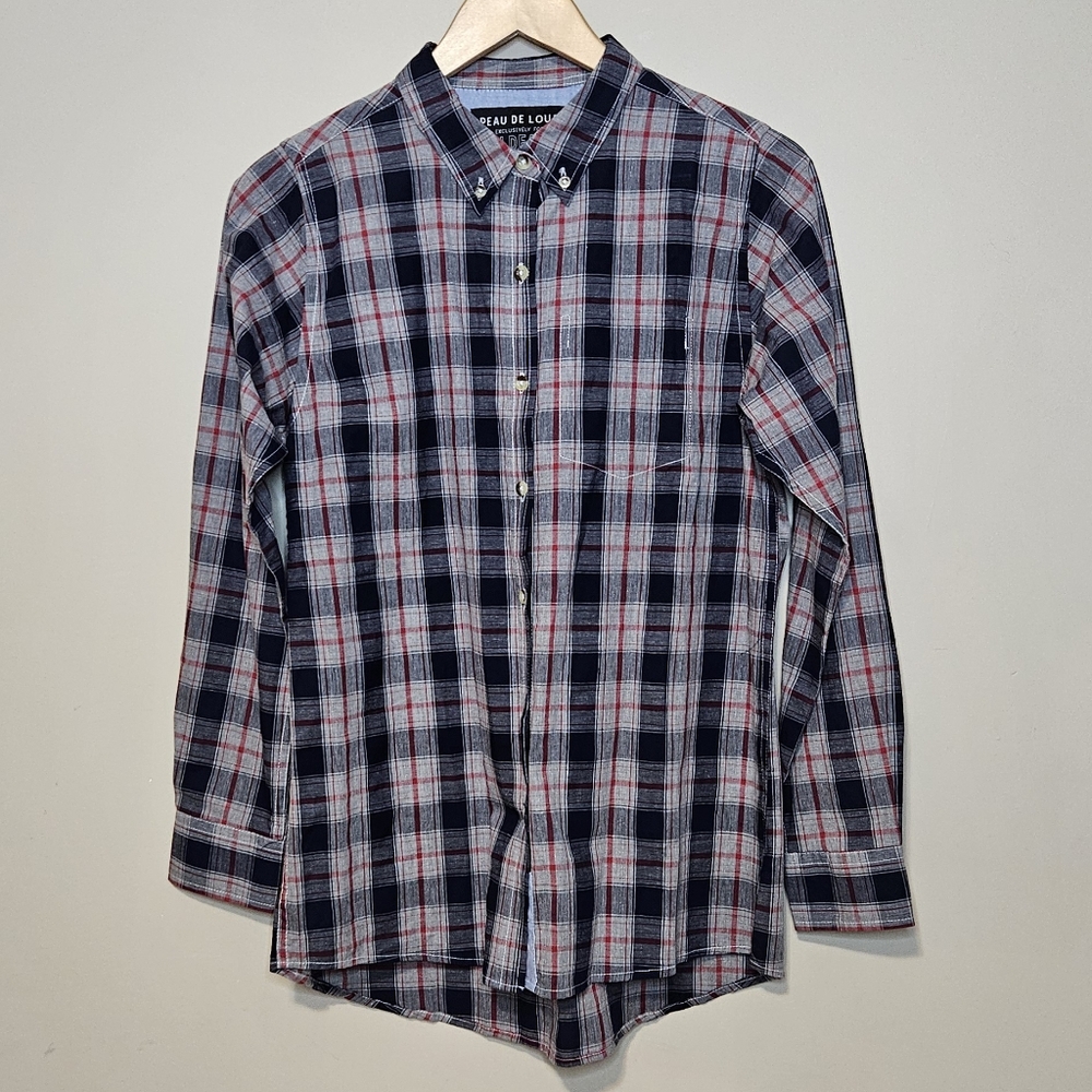 Peau De Loup x WildFang Lightweight Long Sleeve Red White and Blue Plaid Sz Med